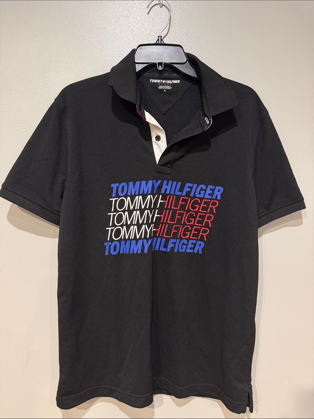 Tommy Hilfiger Black Polo with Blue, White & Red Logo Stack